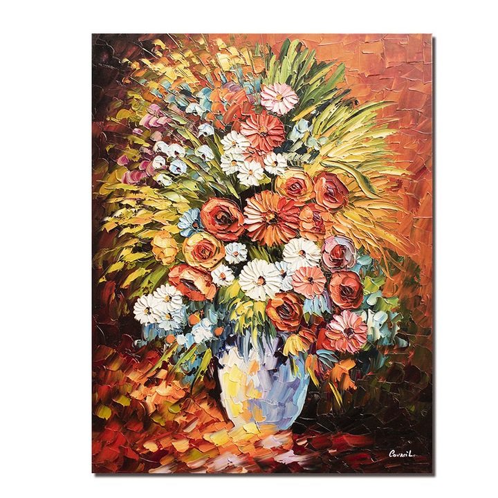 Tablou 3D cu flori pictat manual, Ikebana, 80x60cm ulei pe panza in cutit, Leonard Covaci