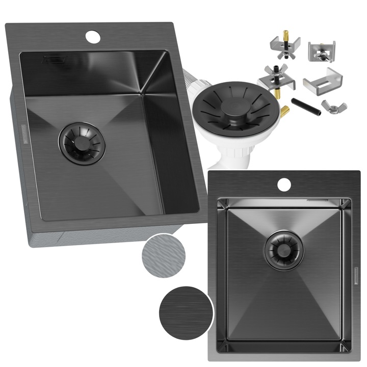 Pachet Chiuveta Bucatarie + Sifon, Granitan, Model Silvo, Otel, Cuva Simplu, 40 x 50 cm, Negru, Compact Si Functional, Rezistent La Zgarieturi, Ideal Pentru Bucatarii Mici, Design Modern