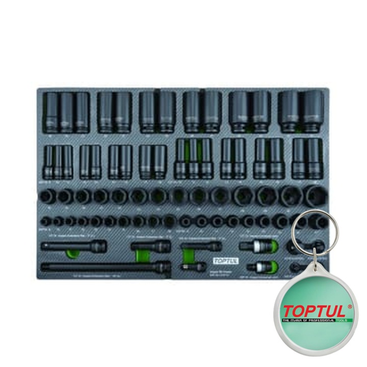 Raft carucior, dimensiune tubulara 1/2/ 3/8", marime (inch) 1/2/ 1/4", tip insert D/ spuma (SFS), numar piese 75 szt., tip cheie adapentruor/adapentruoare / articulatie, Toptul, 1x Breloc