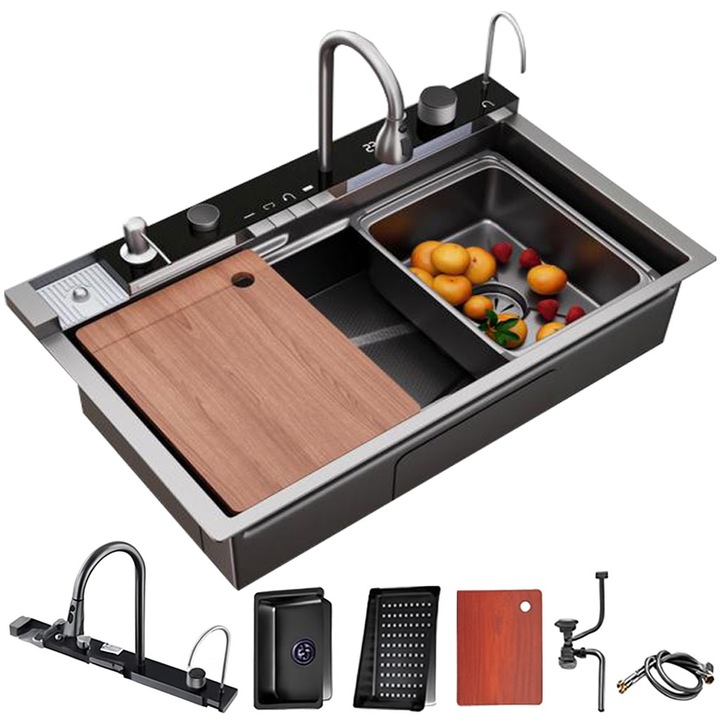 Set chiuveta multifunctionala smart, inox, BadenMob, afisaj digital, doua cascade, iluminare ambientala, spalator pahare, dozator detergent, baterie extensibila cu 3 functii, tocator, tava si sita inclusa, anti zgarieturi, sistem preaplin, 75X45cm