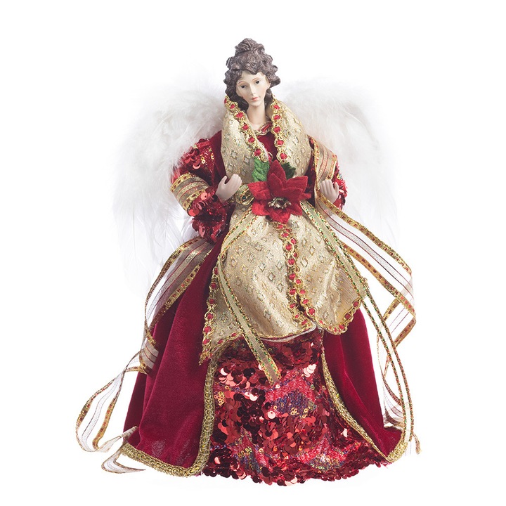 Decoratiune Craciun, Varf de brad Ingeras cu aripi din pene naturale, visiniu, 35 cm