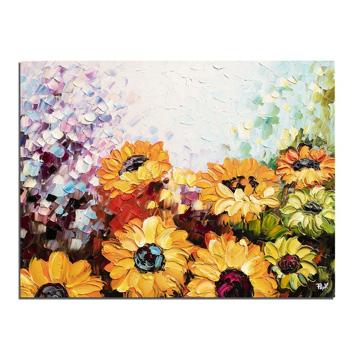 Tablou 3D cu floarea soarelui pictat manual living, dormitor, 80x60cm ulei pe panza, Valentin Pop
