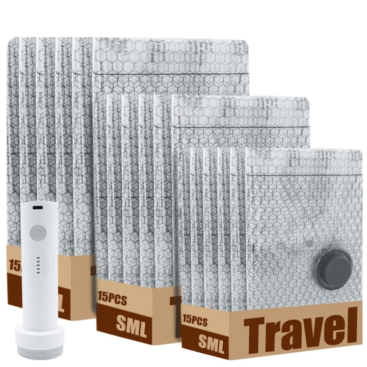 Комплект от 15 вакуумни торби за дрехи, с електрическа помпа, вакуумно запечатване, лесни за използване, размери 40*60см/50*40см/60*50см