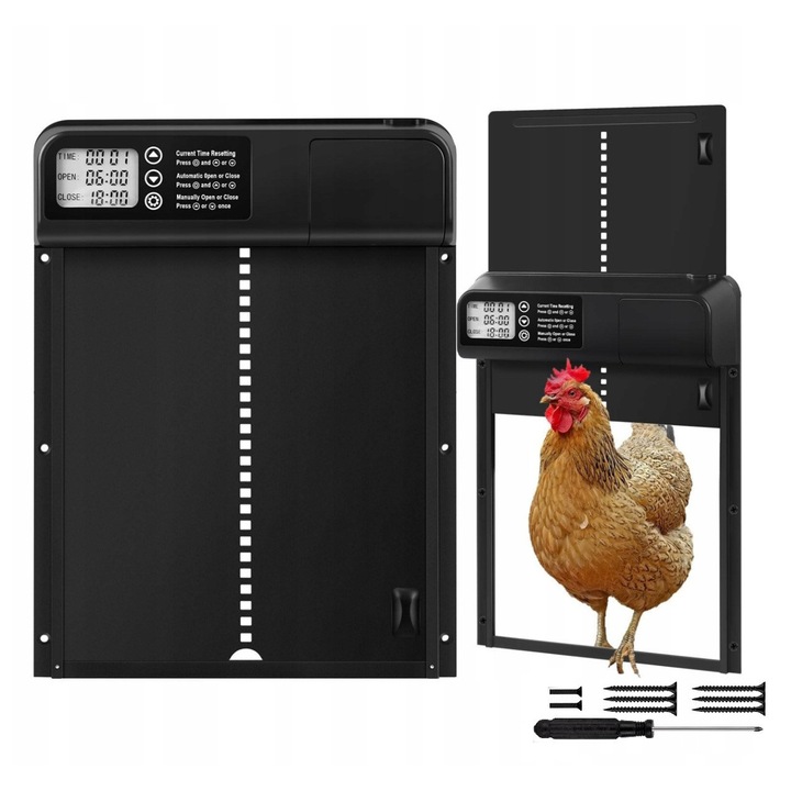 Automatikus csirkeól ajtó, Zola, LED kijelző, IP45, elakadásgátló érzékelő, alumíniumötvözet, elemes működés, 33 x 26 cm, fekete