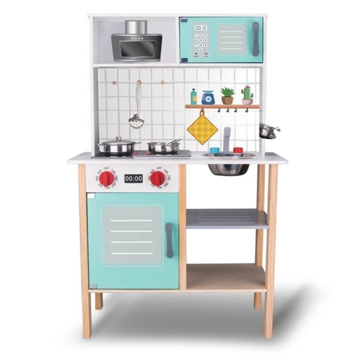 Bucatarie Jucarie din Lemn cu Accesorii, Lumina si Sunet, 60x30x92.5 cm – Set Interactiv pentru Copii 3+ Ani