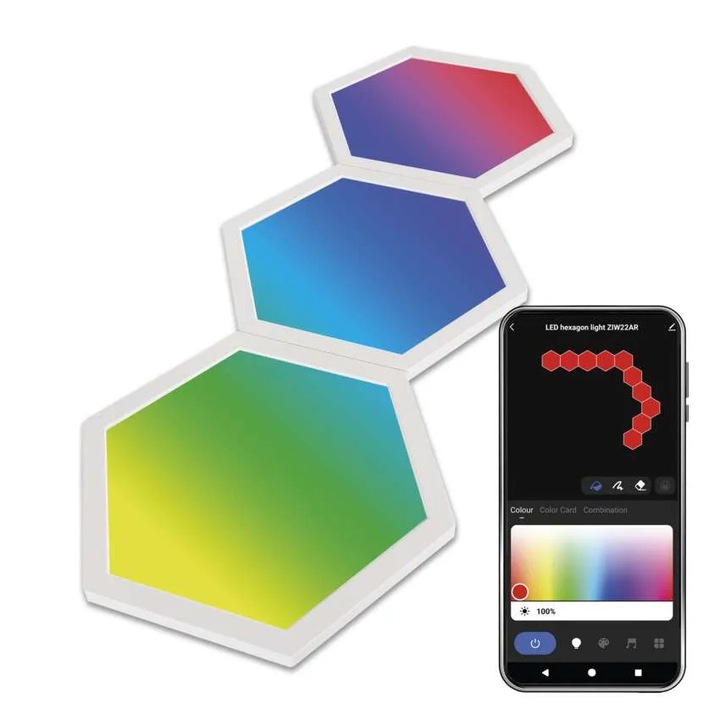 Lampa Smart Inteligenta de Perete Hexagon 3 Parti 1,8W RGBIC Adaugator ca Extensie pentru ZIW22AR Wifi si Aplicatie Tuya GoSmart