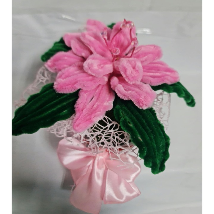 Aranjament floral Poinsettia textil roz în ghiveci, handmade