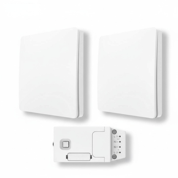 Kit 2 Intrerupatoare Cinetice Simple + 1 Controller, Kinetic Energy®, 1 canal, Alb, Wireless, 5A, IP67, RF433, Cap Scara, Fara Fir si Fara Baterie, Energie Cinetica, Model KERC602