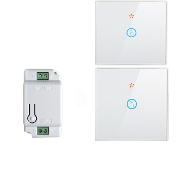 Kit 2 intrerupatoare RF433, 1 canal, alb, plus 1 receiver inteligent, alb, baterii incluse, Panou de control dublu pentru iluminatul de uz casnic Comutator tactil wireless, fara cabluri