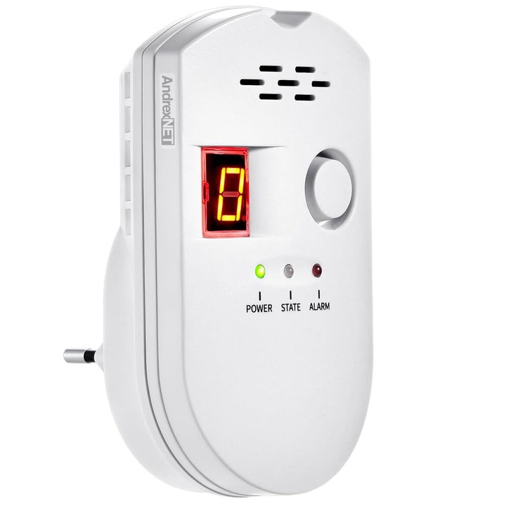Senzor detector de gaz GS01, alimentare la priza 220V, afisaj digital, alarma sonora 85dB si vizuala, alb