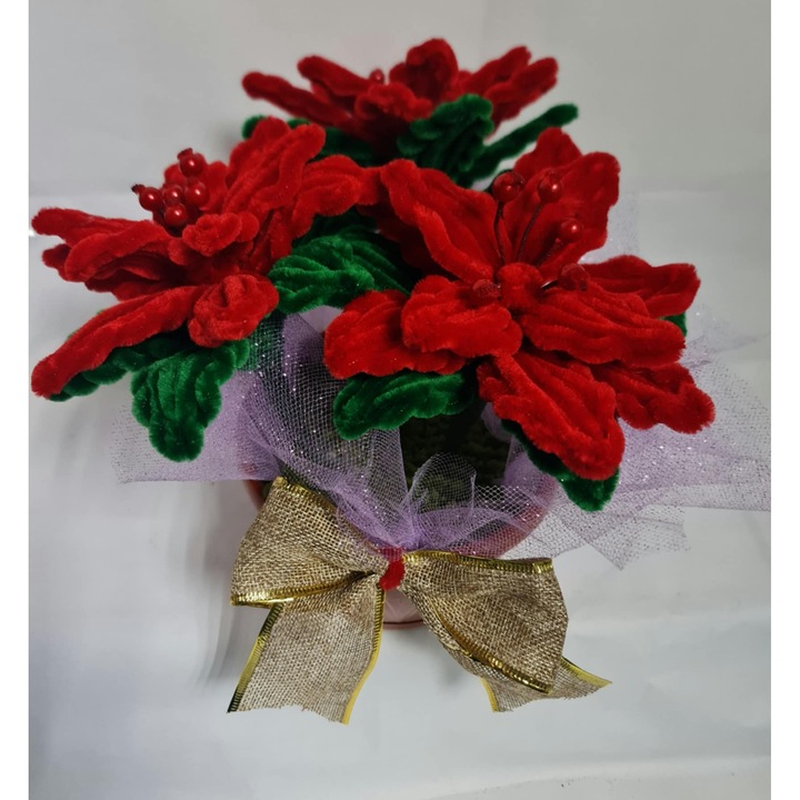 Aranjament floral Craciunita din sarma plusata, Poinsettia, ghiveci