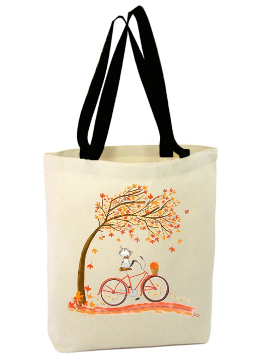 Vászontáska cipzárral, fekete fogantyúval, őszi képpel, kerékpárral
