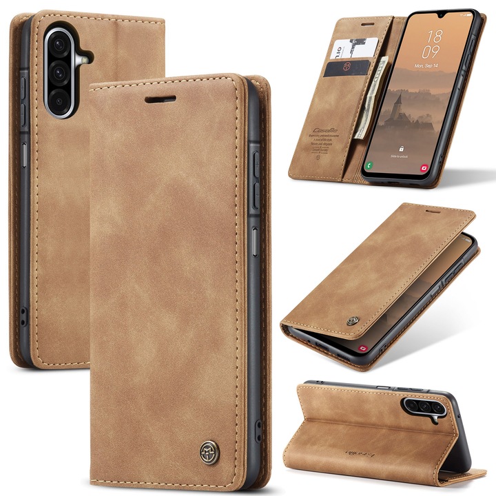 Калъф за Samsung Galaxy A26, CaseMe, slim, кожен, тип портфейл, стойка, магнитно закопчаване, кадифена текстура, Светлокафяво