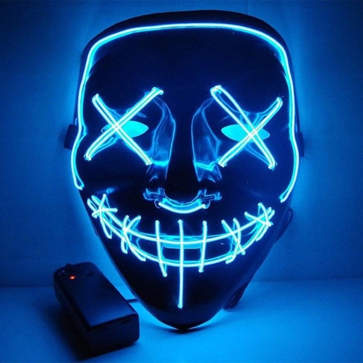 Masca Halloween LED, Zola, neagra cu LED-uri albastre, plastic, telecomanda, 21 x 17 cm