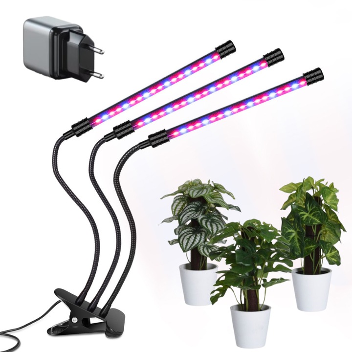 Lampa UV Full Spectrum pentru Cresterea Plantelor cu 3 picioare si 120 LED-uri, 40 w, Temporizator, Corp Reglabil, Clips si Adaptor USB, Lumina UV