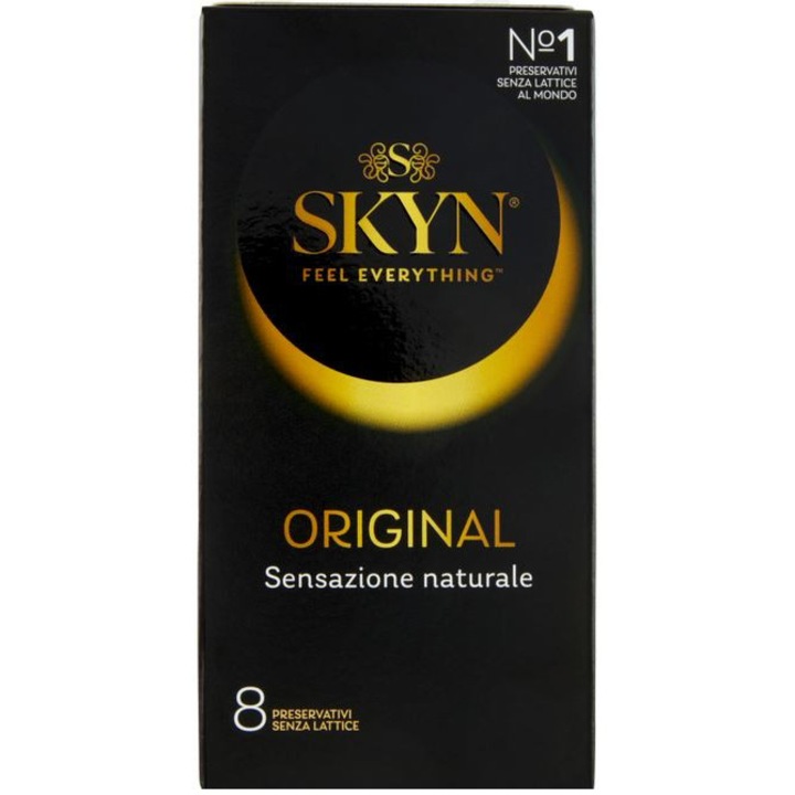 Prezervative, Skyn Original,8 bucati, Fara latex, Ultra subtire, 53 mm latime, Vegan, Suprafata neteda, Poliizopren, Transparent