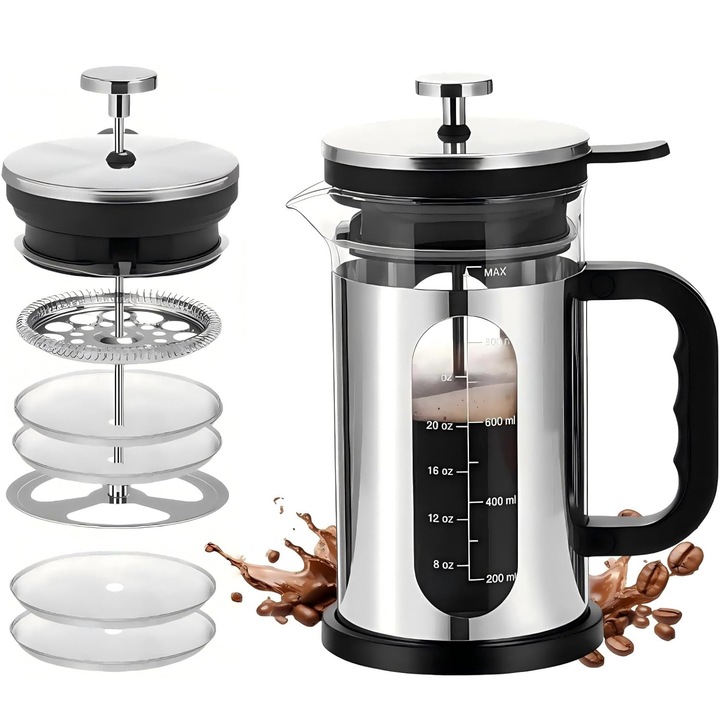 Cafetiera cu presa franceza, Capacitate 1000ml, Sticla borosilicata rezistenta la caldura, carcasa din otel inoxidabil, design portabil pentru calatorii, fara BPA