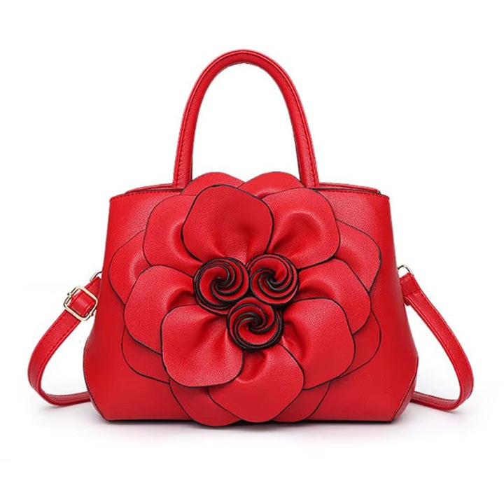 Geanta dama, cu floare, piele ecologica, rosu, bareta detasabila, 7 compartimente