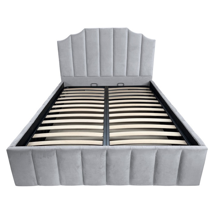 Pat dublu tapitat Baxter Luxury, gri deschis, cu spatiu de depozitare si somiera rabatabila, 180x200