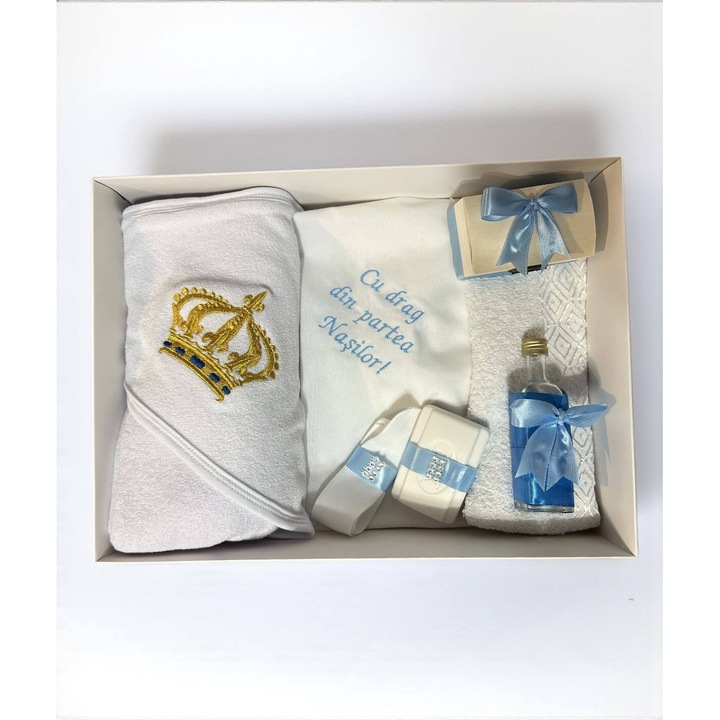 Trusou botez model coroana – blue, 7 piese, bumbac