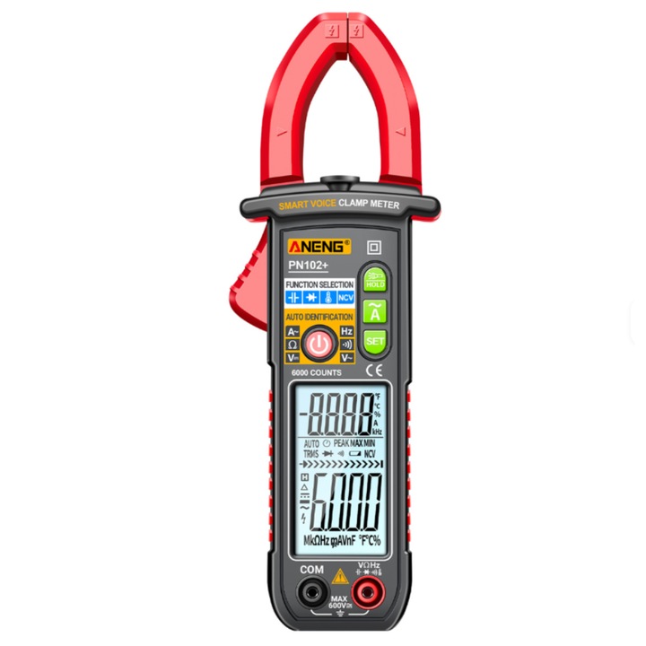 Clampmetru ANENG PN102+, 600A AC, 600V DC/AC, afisaj digital, auto-range, masurare capacitate si rezistenta