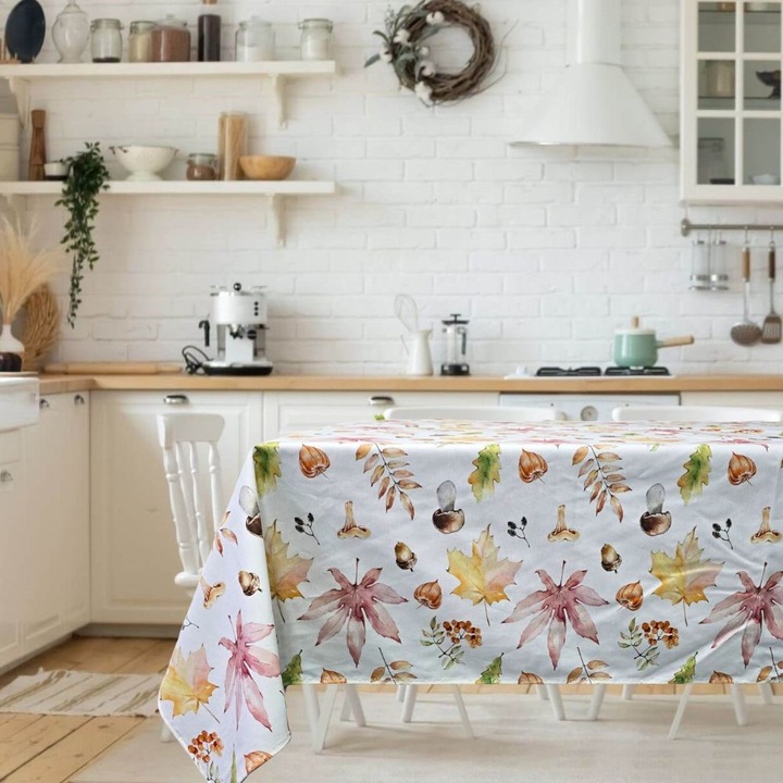 Fata de masa Kotonia Home Exotic 3D, 100% bumbac, impermeabil, 180x220 cm, decor frunze de toamna