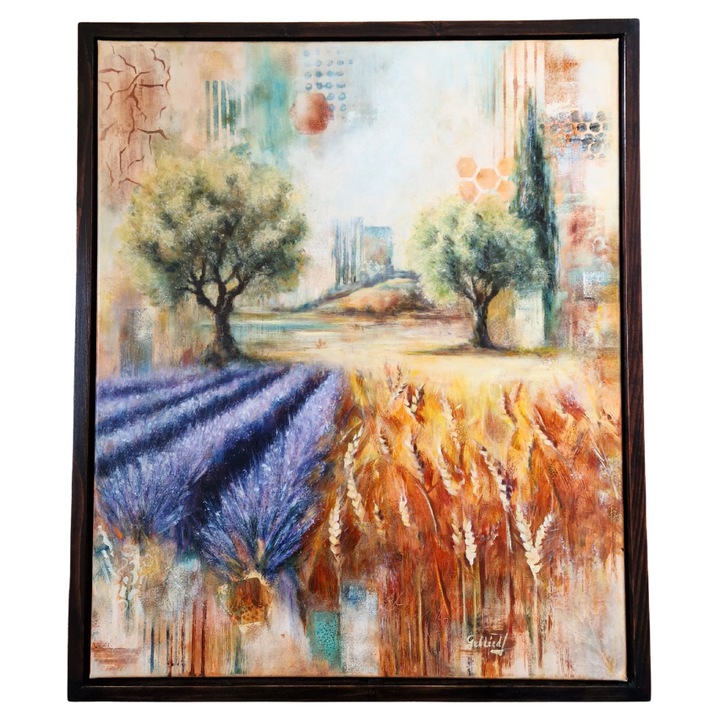 54x64 cm. Tablou pictat manual, ulei cu tehnica mixta, pe panza intinsa, in rama floating – Dor de Altundeva, peisaj toscan cu lavanda, decor rural
