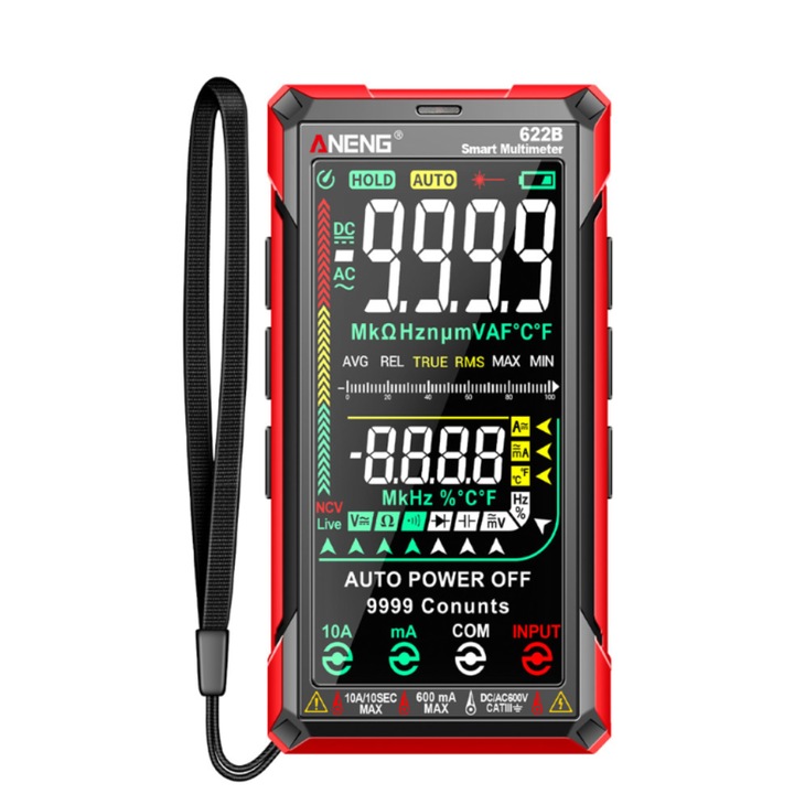 Multimetru digital profesional, ANENG 622B, True RMS, 9999 valori, auto-range, AC/DC, rezistenta, capacitate, frecventa, fascicul laser integrat