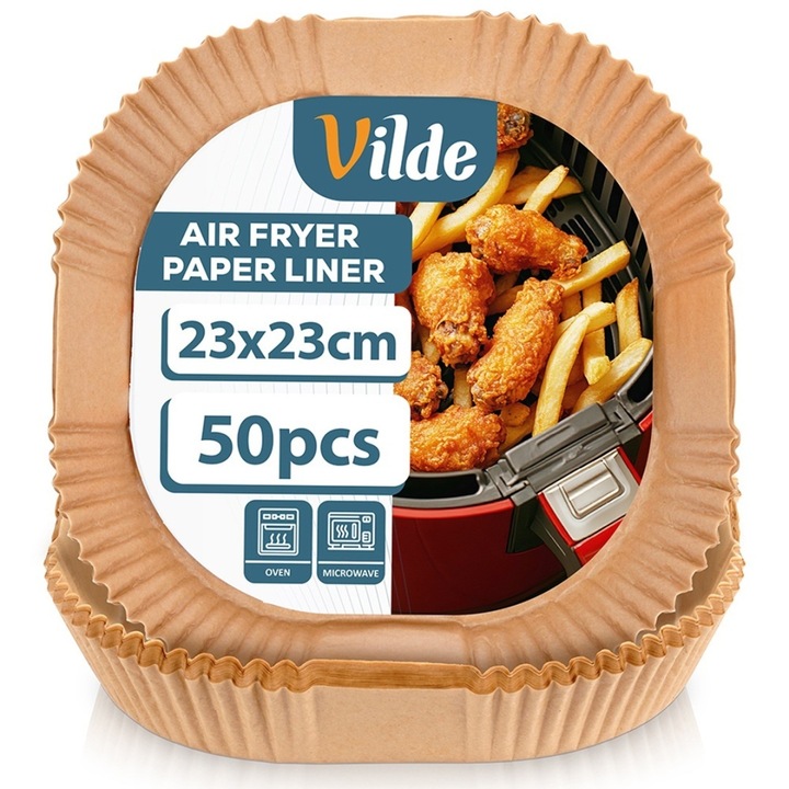 Set 50 buc. inserturi de hartie pentru friteuza Air Fryer, Vilde, 23x23cm, rezistente la apa si ulei