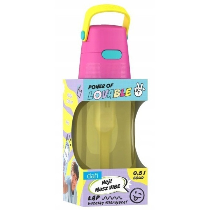 Butelca filtranta Dafi SOLID Power of Lovable, 0,5L, galben cu varf roz, set cu 1 filtru si 2 prindere