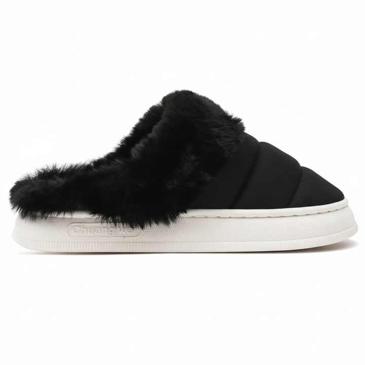 Papuci de dama Permani, negri, casual, cu blana, sintetic, 36-37 EU