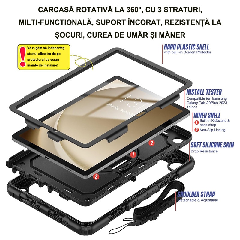 Husa tableta Rqiurpn compatibil cu Galaxy Tab A9 Plus 11 inch, negru, cu protectie ecran si suport rotativ 360°, Negru