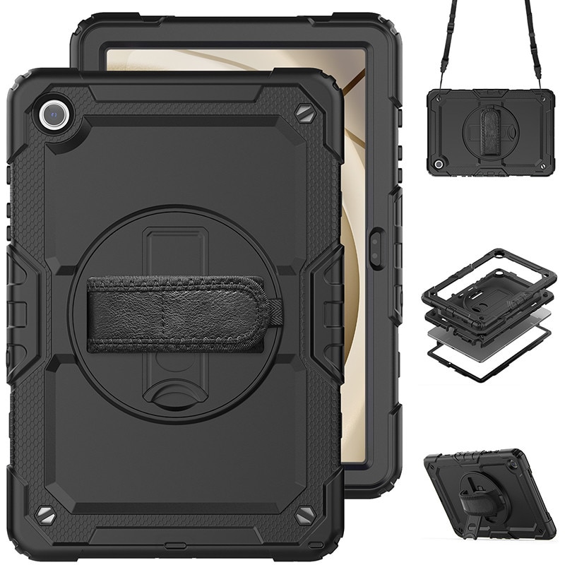 Husa tableta Rqiurpn compatibil cu Galaxy Tab A9 Plus 11 inch, negru, cu protectie ecran si suport rotativ 360°, Negru