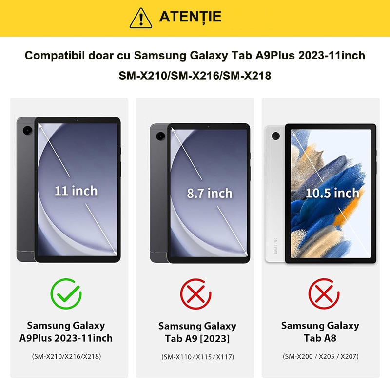 Husa tableta Rqiurpn compatibil cu Galaxy Tab A9 Plus 11 inch, negru, cu protectie ecran si suport rotativ 360°, Negru