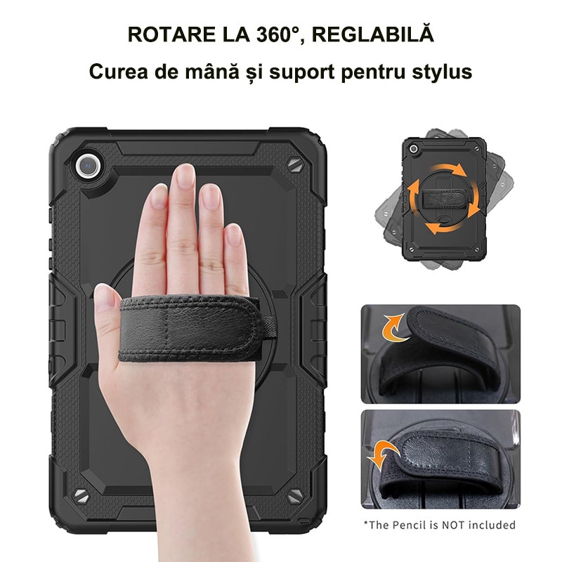 Husa tableta Rqiurpn compatibil cu Galaxy Tab A9 Plus 11 inch, negru, cu protectie ecran si suport rotativ 360°, Negru
