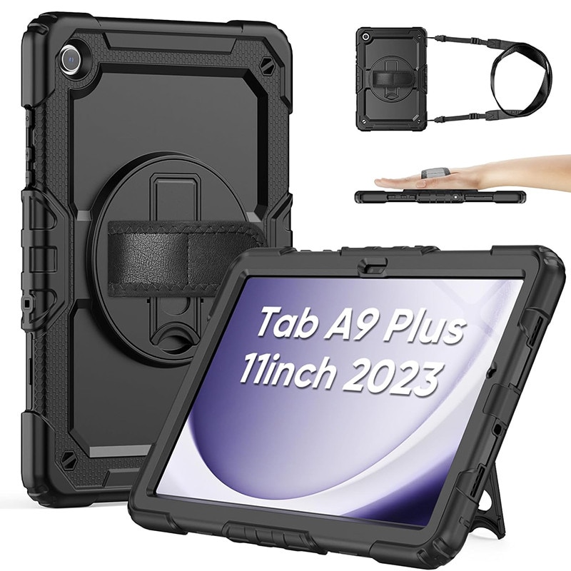 Husa tableta Rqiurpn compatibil cu Galaxy Tab A9 Plus 11 inch, negru, cu protectie ecran si suport rotativ 360°, Negru