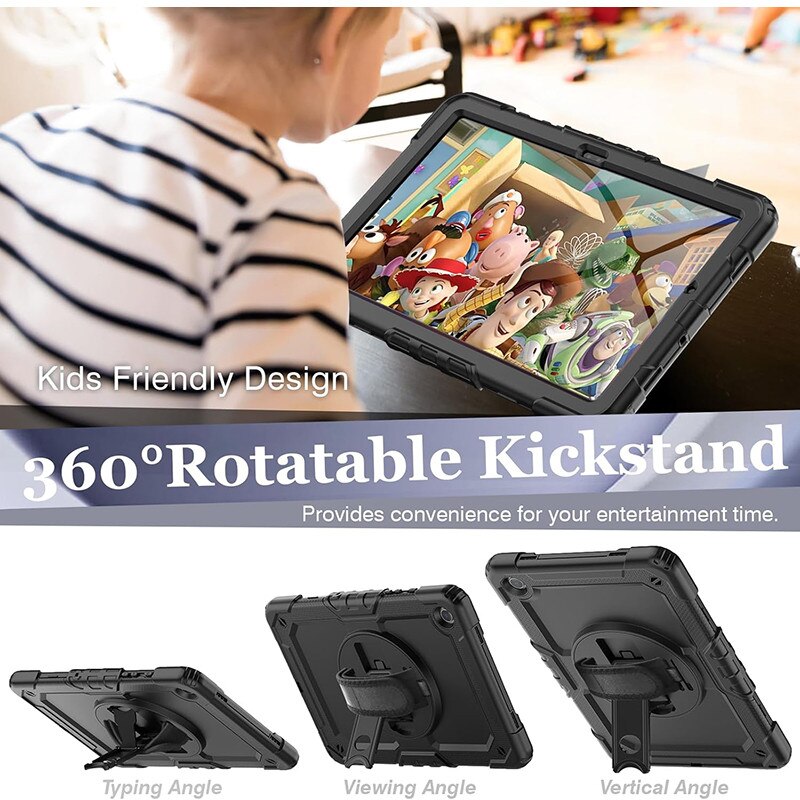 Husa tableta Rqiurpn compatibil cu Galaxy Tab A9 Plus 11 inch, negru, cu protectie ecran si suport rotativ 360°, Negru