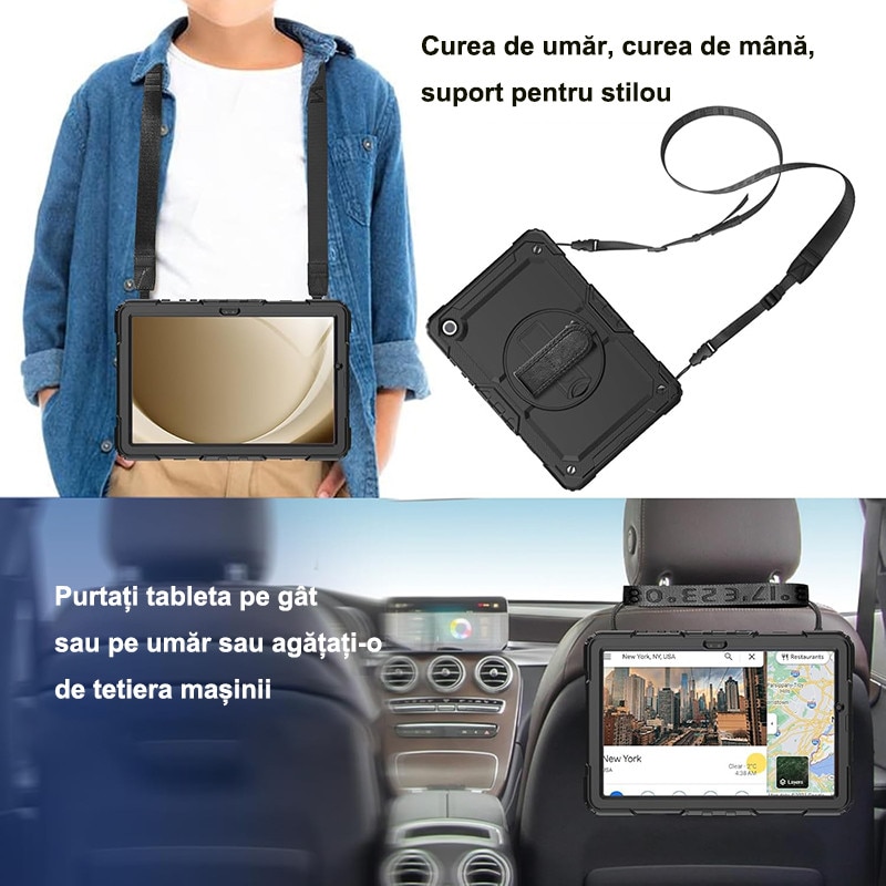 Husa tableta Rqiurpn compatibil cu Galaxy Tab A9 Plus 11 inch, negru, cu protectie ecran si suport rotativ 360°, Negru