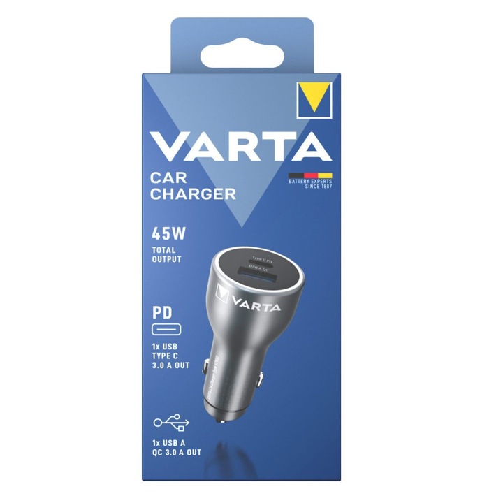 Incarcator auto, Varta, USB 45W, 1xUSB-A, 1xUSB-C, negru