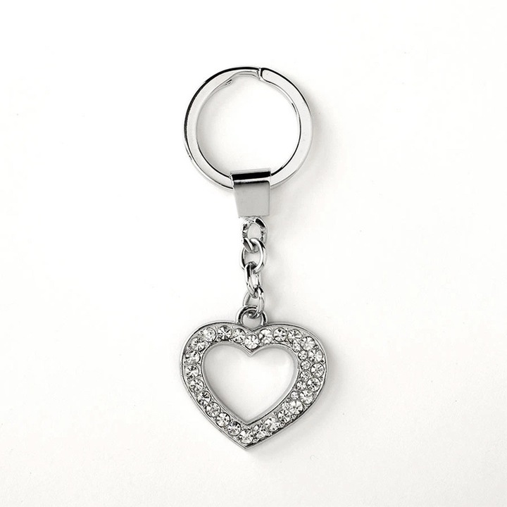 Breloc metalic Russ Berrie *93346-A, O, Inimă, Pietre, 9 cm, Argintiu