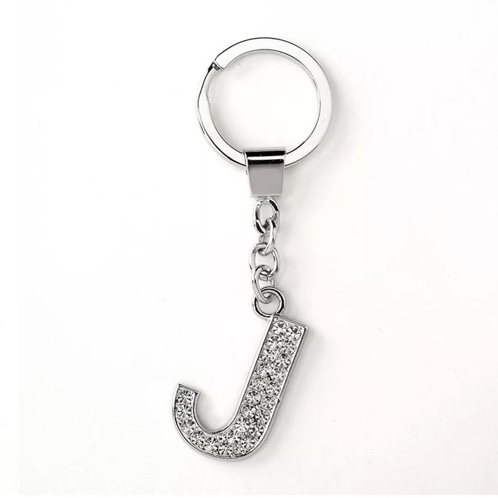 Breloc metalic Russ Berrie *93346-J Oh, Litera J, Pietre, 9 cm, Argintiu