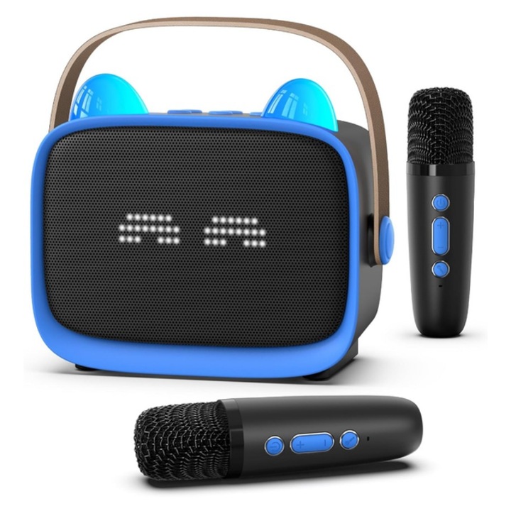 Microfon si sistem de difuzoare pentru karaoke, potrivit pentru copii si adulti, Bluetooth 5.3, lumini LED, plastic ABS, albastru, 9,3 × 9,8 × 9,2 cm