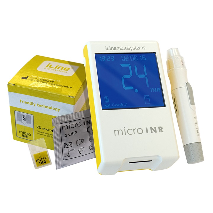 Pachet aparat testare micro INR iLine Microsystems si cutie cu 25 strip-uri de testare micro INR