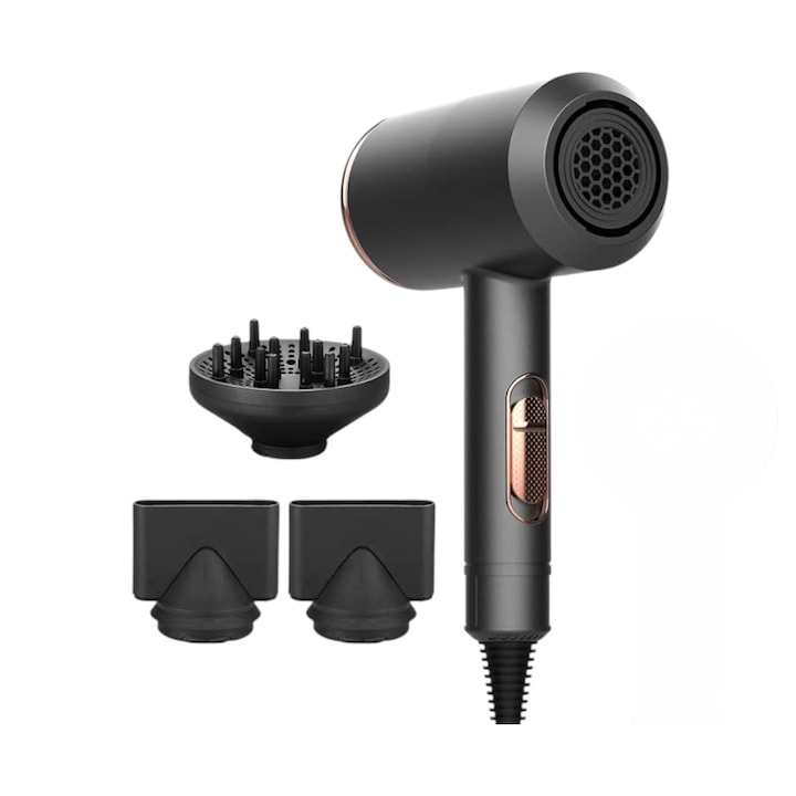 Professzionális és multifunkcionális hajszárító, ionos hajszárító, 2 sebességfokozat és 3 hőmérsékleti fokozat, 2 fúvóka és egy diffúzor, megbízható és hordozható, gyors szárítás, otthoni és szalonhasználatra, ABS, fekete