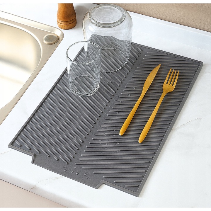 Suport din silicon pentru scurgerea vaselor, Zola, antiderapant, PVC, 43 x 33.5 x 1 cm, gri