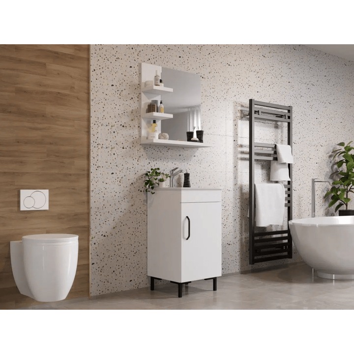 Set Masca Baie, Chiuveta 450, Oglinda 650, Albio cu Baterie Crom