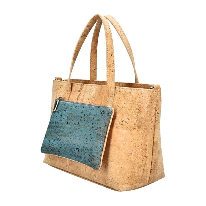 Geantă din pluta, IBU Cork, de mână, bej și turcoaz