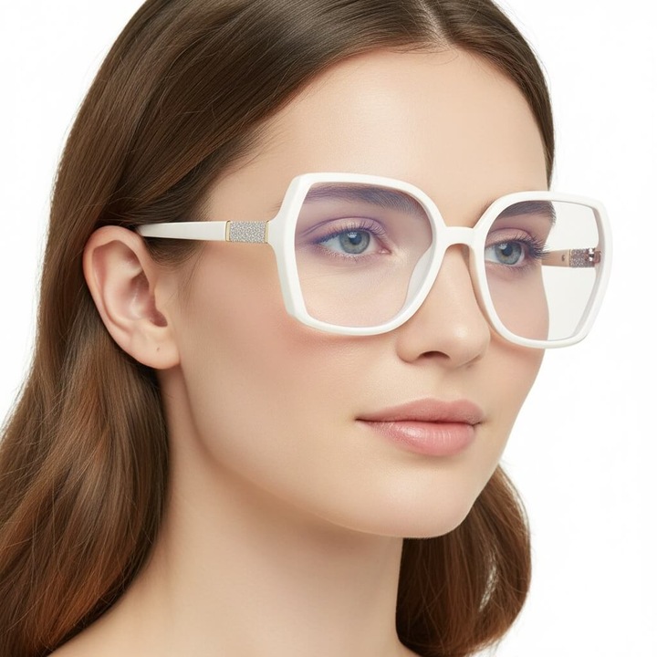 Ochelari de vedere Polarzone, model POL-BLF-972K, hexagonali, cu filtru Blue Light si UV400, albi, dimensiuni 13.7x5.5cm, set complet