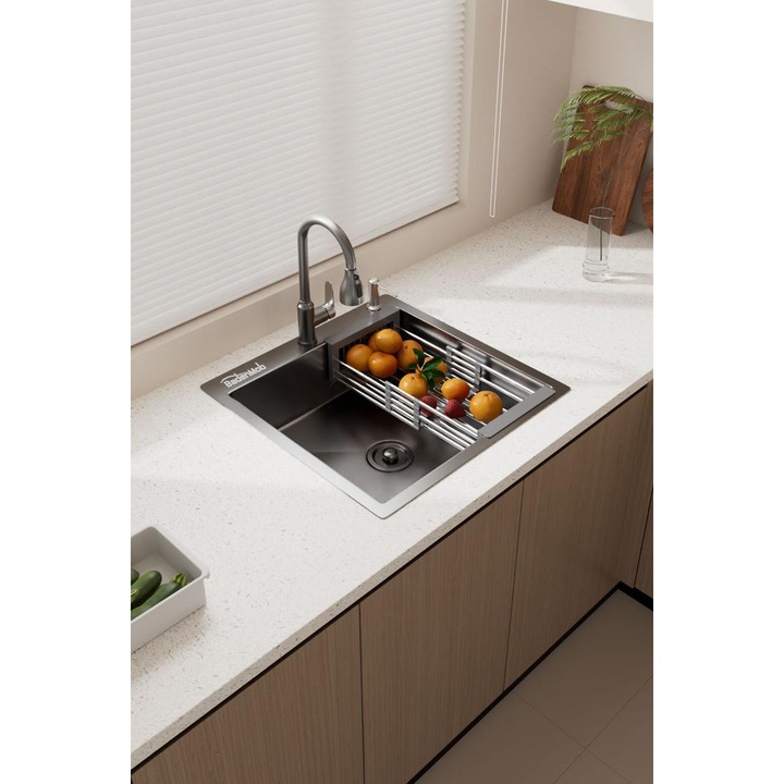 Set chiuveta bucatarie, BadenMob, Inox 3mm, Baterie extractibila 3 functii, Cos scurgere vase, Dozator detergent, 50x50cm