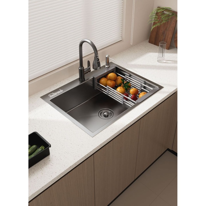 Set chiuveta de bucatarie, BadenMob, Inox 3mm, Baterie extractibila 3 functii, Cos scurgere vase, Dozator detergent, 60x45cm